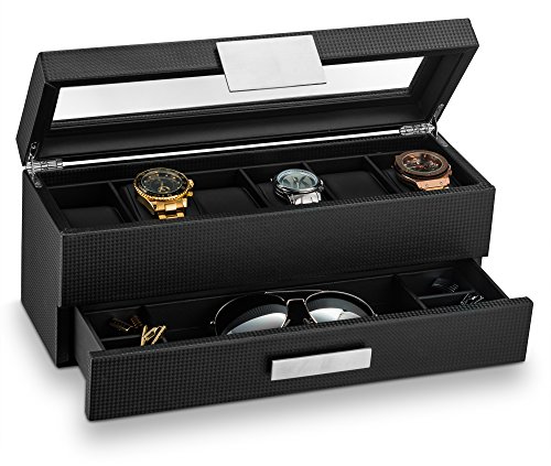 Glenor Co Watch Box with Valet Drawer for Men - 6 Slot Luxury Watch Case Display Organizer, Carbon Fiber Design -Metal Buckle for Mens Jewelry Watches, Men's Storage Holder Boxes has a Large Glass Top