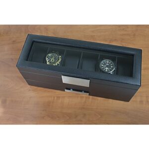 Glenor Co Watch Box with Valet Drawer for Men - 6 Slot Luxury Watch Case Display Organizer, Carbon Fiber Design -Metal Buckle for Mens Jewelry Watches, Men's Storage Holder Boxes has a Large Glass Top