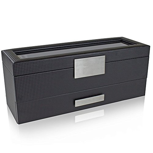 Glenor Co Watch Box with Valet Drawer for Men - 6 Slot Luxury Watch Case Display Organizer, Carbon Fiber Design -Metal Buckle for Mens Jewelry Watches, Men's Storage Holder Boxes has a Large Glass Top