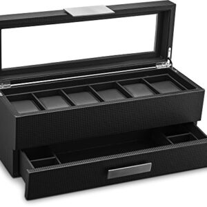 Glenor Co Watch Box with Valet Drawer for Men - 6 Slot Luxury Watch Case Display Organizer, Carbon Fiber Design -Metal Buckle for Mens Jewelry Watches, Men's Storage Holder Boxes has a Large Glass Top