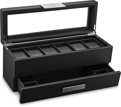 Glenor Co Watch Box with Valet Drawer for Men - 6 Slot Luxury Watch Case Display Organizer, Carbon Fiber Design -Metal Buckle for Mens Jewelry Watches, Men's Storage Holder Boxes has a Large Glass Top