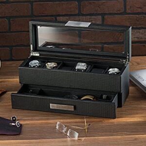 Glenor Co Watch Box with Valet Drawer for Men - 6 Slot Luxury Watch Case Display Organizer, Carbon Fiber Design -Metal Buckle for Mens Jewelry Watches, Men's Storage Holder Boxes has a Large Glass Top