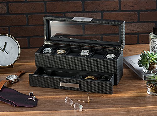 Glenor Co Watch Box with Valet Drawer for Men - 6 Slot Luxury Watch Case Display Organizer, Carbon Fiber Design -Metal Buckle for Mens Jewelry Watches, Men's Storage Holder Boxes has a Large Glass Top