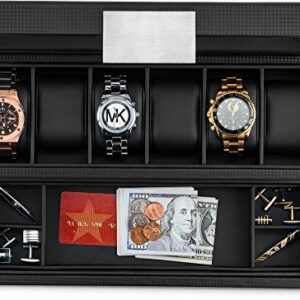 Glenor Co Watch Box with Valet Drawer for Men - 6 Slot Luxury Watch Case Display Organizer, Carbon Fiber Design -Metal Buckle for Mens Jewelry Watches, Men's Storage Holder Boxes has a Large Glass Top