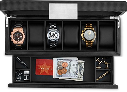 Glenor Co Watch Box with Valet Drawer for Men - 6 Slot Luxury Watch Case Display Organizer, Carbon Fiber Design -Metal Buckle for Mens Jewelry Watches, Men's Storage Holder Boxes has a Large Glass Top