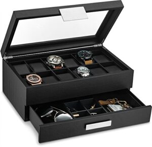 glenor co watch box with valet drawer for men - 12 slot luxury watch case display organizer, carbon fiber design - metal buckle for mens jewelry watches, men's storage boxes holder has large glass top