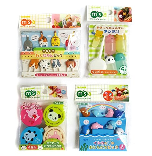 Torune Food Picks Bento Lunch - Sea Animal/Dog and Cat/Mini Container/Soy Sauce Case - 4 Kinds Set (Multi 4pc - A)