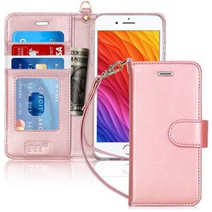 fyy for iphone 8 plus case/iphone 7 plus case, pu leather flip wallet phone case with card holder wrist strap kickstand protective cover for iphone 7 plus/8 plus 5.5" rose gold