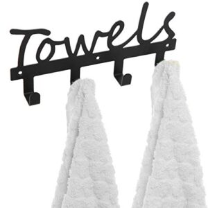 mygift wall mounted black metal towel rack with 4 hooks, hanging kitchen and bathroom storage towel hooks with towels letter cut out design