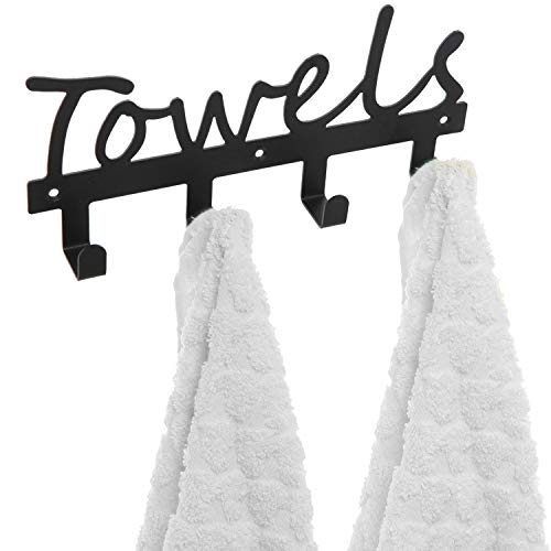 MyGift Wall Mounted Black Metal Towel Rack with 4 Hooks, Hanging Kitchen and Bathroom Storage Towel Hooks with Towels Letter Cut Out Design