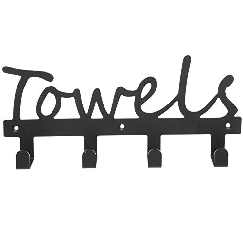 MyGift Wall Mounted Black Metal Towel Rack with 4 Hooks, Hanging Kitchen and Bathroom Storage Towel Hooks with Towels Letter Cut Out Design