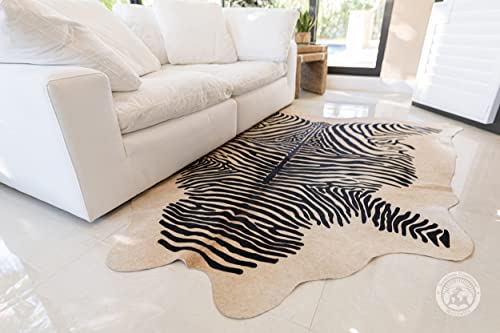 Zebra Print Black on Beige Genuine Cowhide Rug 6 x 7 ft. 180 x 210 cm