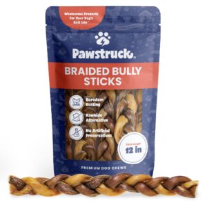 pawstruck 12" braided bully sticks for dog, pet food, beef flavor, natural bulk dog dental treats & healthy chews, chemical free, 12 inch best low odor pizzle stix (5 stick(s)), 1.08 pounds