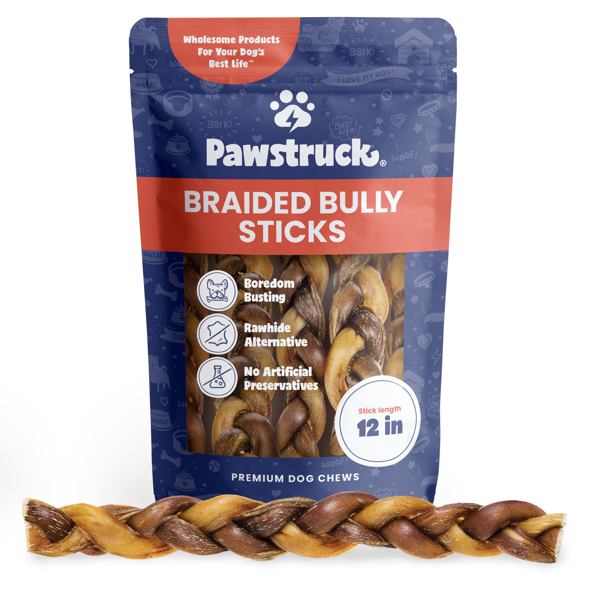 Pawstruck 12" Braided Bully Sticks for Dog, Pet Food, Beef Flavor, Natural Bulk Dog Dental Treats & Healthy Chews, Chemical Free, 12 inch Best Low Odor Pizzle Stix (5 Stick(s)), 1.08 Pounds