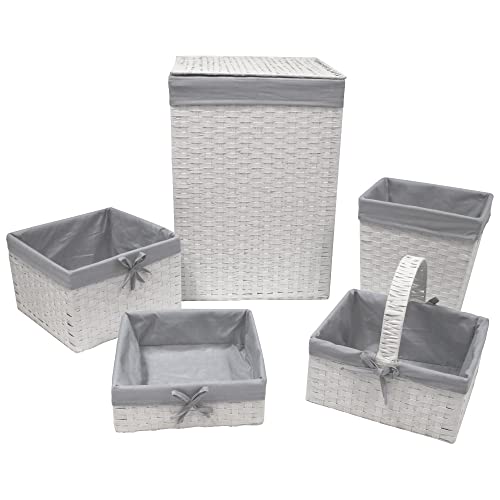 Five PC Hamper and Basket Set, White/Gray