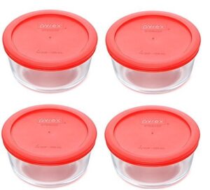 pyrex (4) 7201 4-cup glass bowls & (4) 7201-pc red plastic lid covers made in the usa