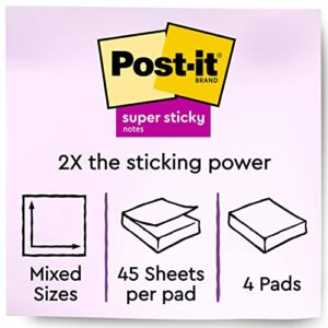 Post-it Super Sticky Notes, Assorted Sizes, 4 Pads, 2x the Sticking Power, Supernova Neons, Neon Colors, Recyclable (4622-SSMIA)