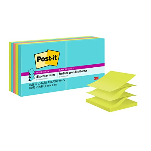 Post-it Super Sticky Pop-up Notes, 3x3 in, 10 Pads, 2x the Sticking Power, Supernova Neons, Bright Colors, Recyclable (R330-10SSMIA)