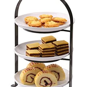 SparkWorks 3 Tiered Cake Stand, Tea Party Serving Platter, Dessert and Cupcake Stand, Metal Tiered Serving Stand Includes Three Premium White Stoneware Plates