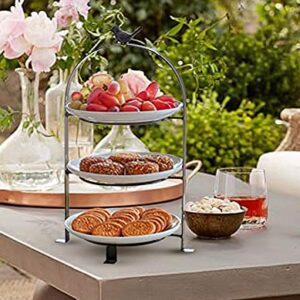 SparkWorks 3 Tiered Cake Stand, Tea Party Serving Platter, Dessert and Cupcake Stand, Metal Tiered Serving Stand Includes Three Premium White Stoneware Plates