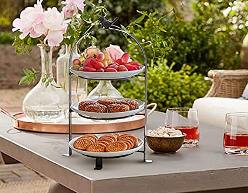 SparkWorks 3 Tiered Cake Stand, Tea Party Serving Platter, Dessert and Cupcake Stand, Metal Tiered Serving Stand Includes Three Premium White Stoneware Plates