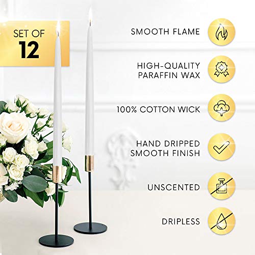 Dripless Taper Candles 12" Inch Tall Wedding, Holiday Decor Set of 12 (Ivory)