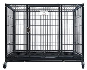 homey pet 37 inch heavy duty dog crate, extra strong dog cage for medium dog, indoor high anxiety double door dog crate on wheels with removable tray
