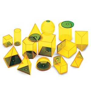 hand2mind plastic fillable 3d shapes, yellow geometric solids for measuring volume (set of 14)