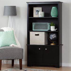 South Shore Vito Tall 3-Shelf Bookcase with 2 Doors, Pure Black with Metal Knobs