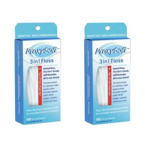 proxysoft 3-in-1 dental floss for optimal teeth flossing​- 2 packs pre-cut ortho floss threaders for braces, tight spaces, bridges, implants with built-in soft proxy brush and stiff threader flosser
