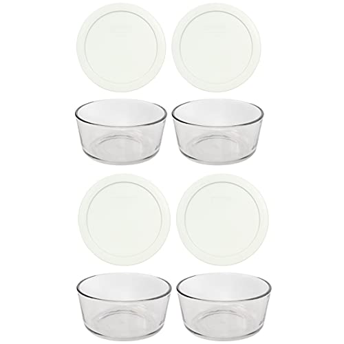 Pyrex (4) 7201 4-Cup Clear Glass Bowls & (4) 7201-PC 4-Cup White Plastic Storage Lids, Made in USA