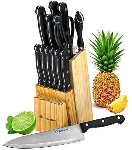 Knife Set With Wooden Block - 15 Piece Set Includes Chef Knife, Bread Knife, Carving Knife, Utility Knife, Paring Knife, Steak Knife, Boning Knife, Scissors And Knife Sharpener. - By Kitch N’ Wares