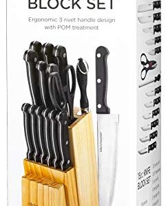 Knife Set With Wooden Block - 15 Piece Set Includes Chef Knife, Bread Knife, Carving Knife, Utility Knife, Paring Knife, Steak Knife, Boning Knife, Scissors And Knife Sharpener. - By Kitch N’ Wares