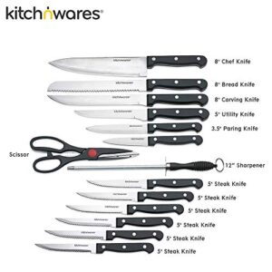 Knife Set With Wooden Block - 15 Piece Set Includes Chef Knife, Bread Knife, Carving Knife, Utility Knife, Paring Knife, Steak Knife, Boning Knife, Scissors And Knife Sharpener. - By Kitch N’ Wares