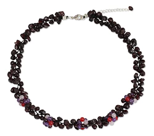 NOVICA Handmade Garnet Amethyst Beaded Necklace Thai Brass Silver Plated Quartz Multigem Multicolor Purple Red Thailand Birthstone 'Heaven'S Gift'