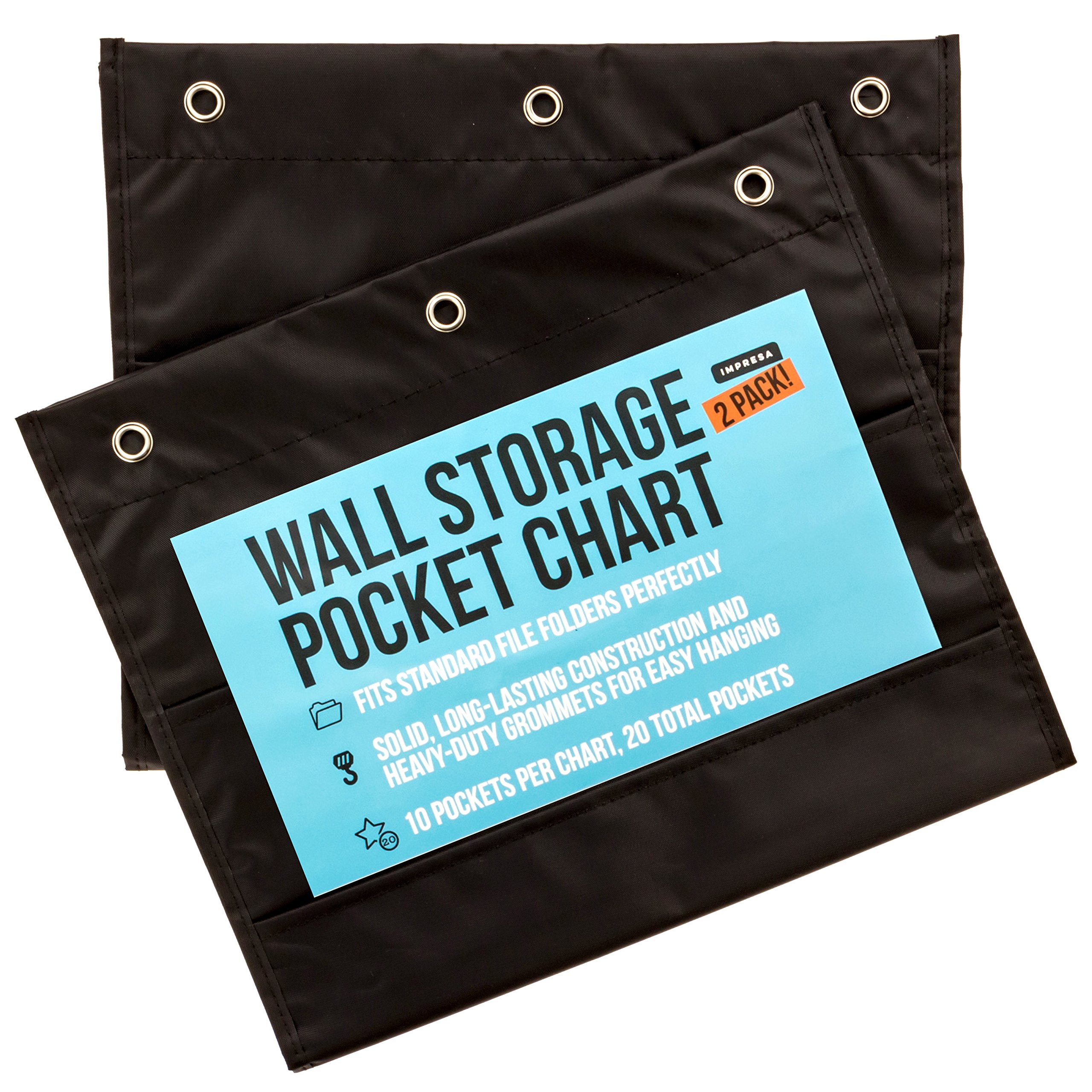 2-Pack Premium Wall Storage Pocket Charts/Hanging Folder Organizers - Black, 10 Pockets Per Piece (20 Total Pockets) - The Ideal Pocket Chart for Classroom, School or Office Use - by Impresa