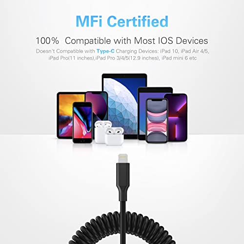 ONE PIX iPhone Charger Cable for Car (3 ft), MFi Certified Coiled Lightning Cable Compatible with iPhone 13Pro Max/13Pro/13/12Pro Max/12Pro/12/11/XS/XS Max/XR/X/8/8 Plus/iPad/iPod (Black-1PC)