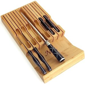 in-drawer bamboo knife block holds 12 knives (not included) without pointing up plus a slot for your knife sharpener! noble home & chef knife organizer made from quality moso bamboo