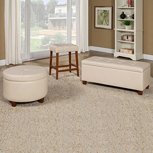 HomePop Round Leatherette Storage Ottoman with Lid, Ivory Large