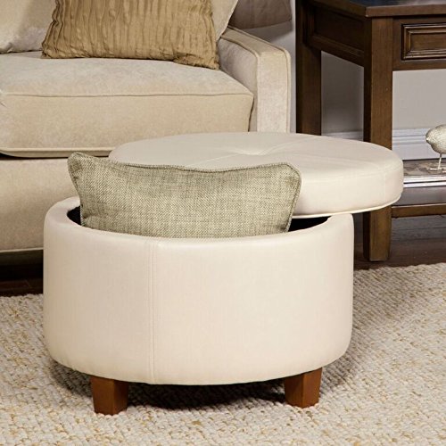 HomePop Round Leatherette Storage Ottoman with Lid, Ivory Large