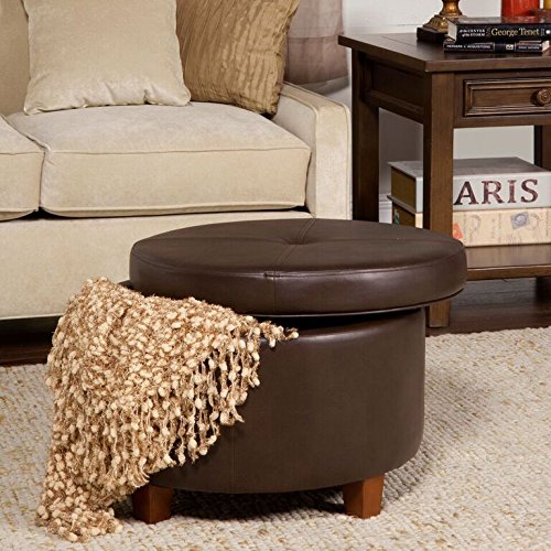 HomePop Round Leatherette Storage Ottoman with Lid, Chocolate Brown Large
