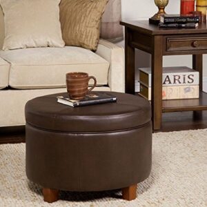 HomePop Round Leatherette Storage Ottoman with Lid, Chocolate Brown Large