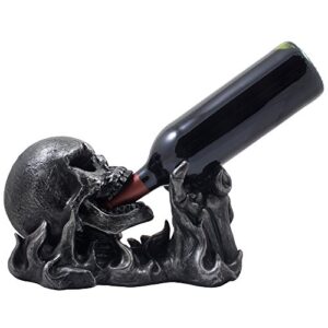 evil skull rising from flames wine bottle holder statue in metallic look for scary skeleton halloween party decorations or spooky gothic bar decor as gifts for man cave?