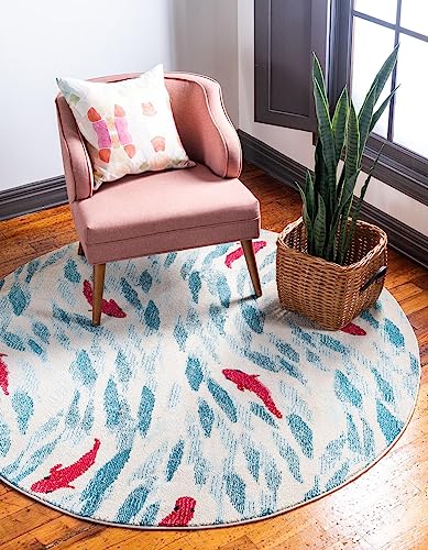 Unique Loom Positano Collection Coastal Modern Bright Colors Fish Beige Round Rug (6' x 6')