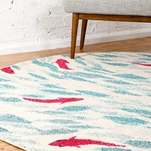 Unique Loom Positano Collection Coastal Modern Bright Colors Fish Beige Round Rug (6' x 6')