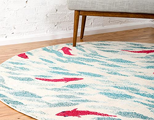 Unique Loom Positano Collection Coastal Modern Bright Colors Fish Beige Round Rug (6' x 6')