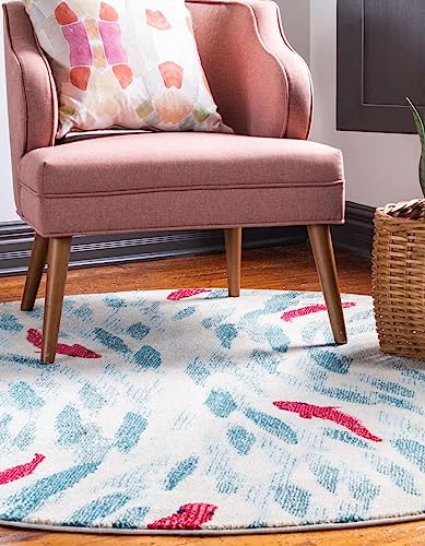 Unique Loom Positano Collection Coastal Modern Bright Colors Fish Beige Round Rug (6' x 6')