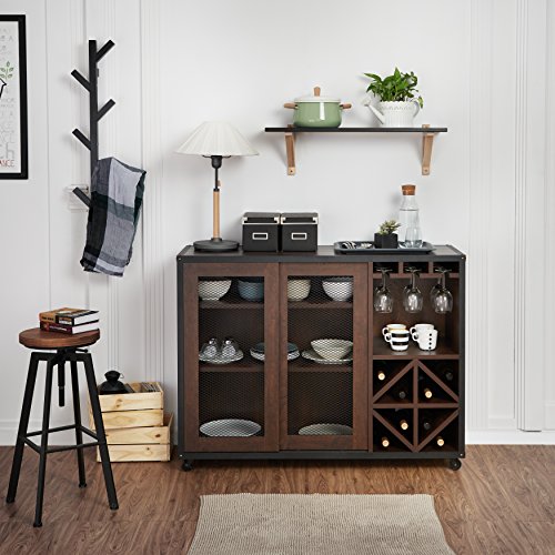 HOMES: Inside + Out Sallos Multi Storage Buffet Cabinet with Wine Rack and Caster Wheels, Vintage Walnut
