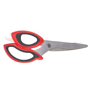 tovolo shears with comfort grip handles & built-in bottle opener heavy duty kitchen scissors with micro-serrated blade, printed measurement guide, dishwasher safe & bpa-free, one size, red