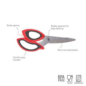 Tovolo Shears with Comfort Grip Handles & Built-in Bottle Opener Heavy Duty Kitchen Scissors with Micro-Serrated Blade, Printed Measurement Guide, Dishwasher Safe & BPA-Free, One Size, Red